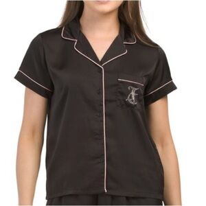 Juicy Couture Women's Satin Black and Pink Rhinestone Button Down Pajama Top XL